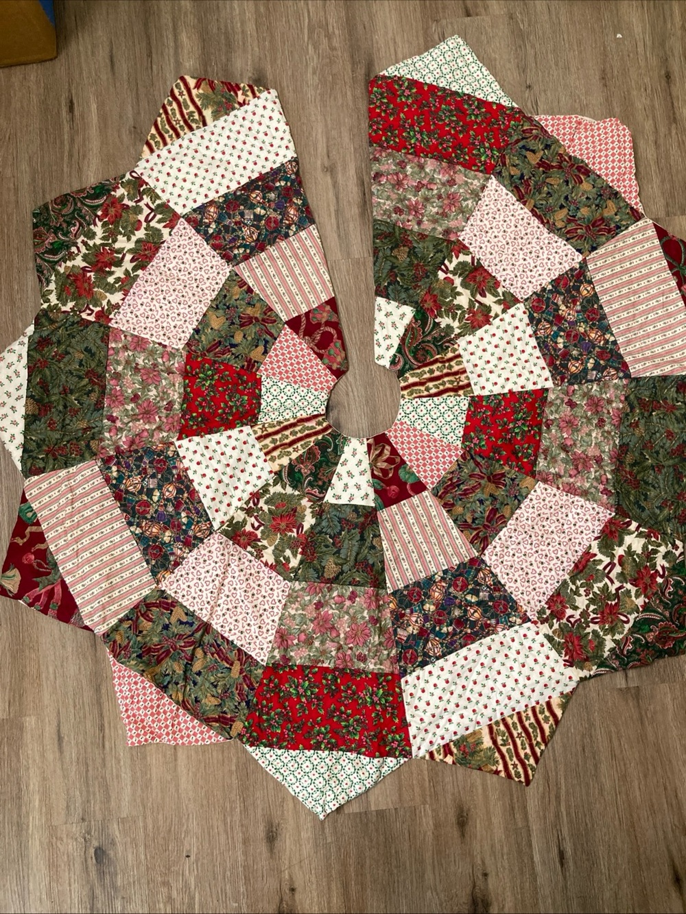 Vintage Handmade Quilted Christmas Tree Skirt Patchwork Red Green Floral 47”